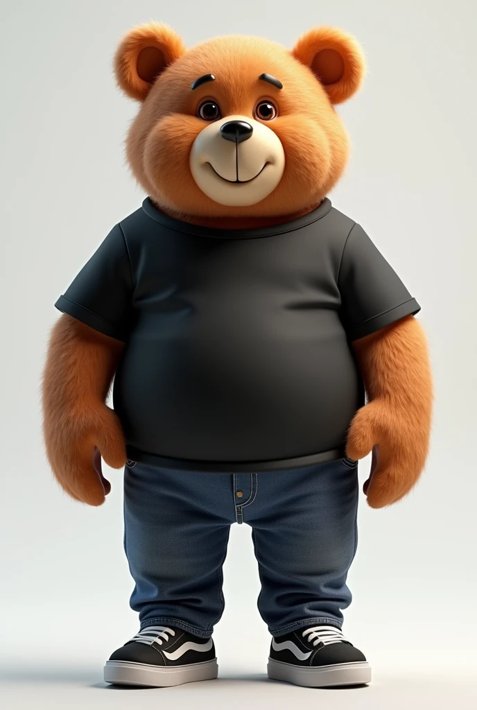 3D illustration of a tall and big, chubby teddy bear dressed in a black shirt and jeans, black sneakers with white details, nerdy, middle-aged, with a wise face and a beautiful smile, in 4K. The illustration should have an adult, sophisticated style, with expressive eyes and arms positioned at the sides of the body.