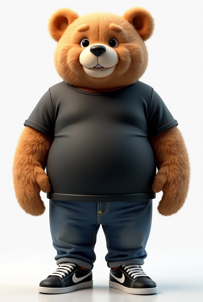 3D illustration of a tall and big, chubby teddy bear dressed in a black shirt and jeans, black sneakers with white details, nerdy, middle-aged, with a wise face and a beautiful smile, in 4K. The illustration should have an adult, sophisticated style, with expressive eyes and arms positioned at the sides of the body.