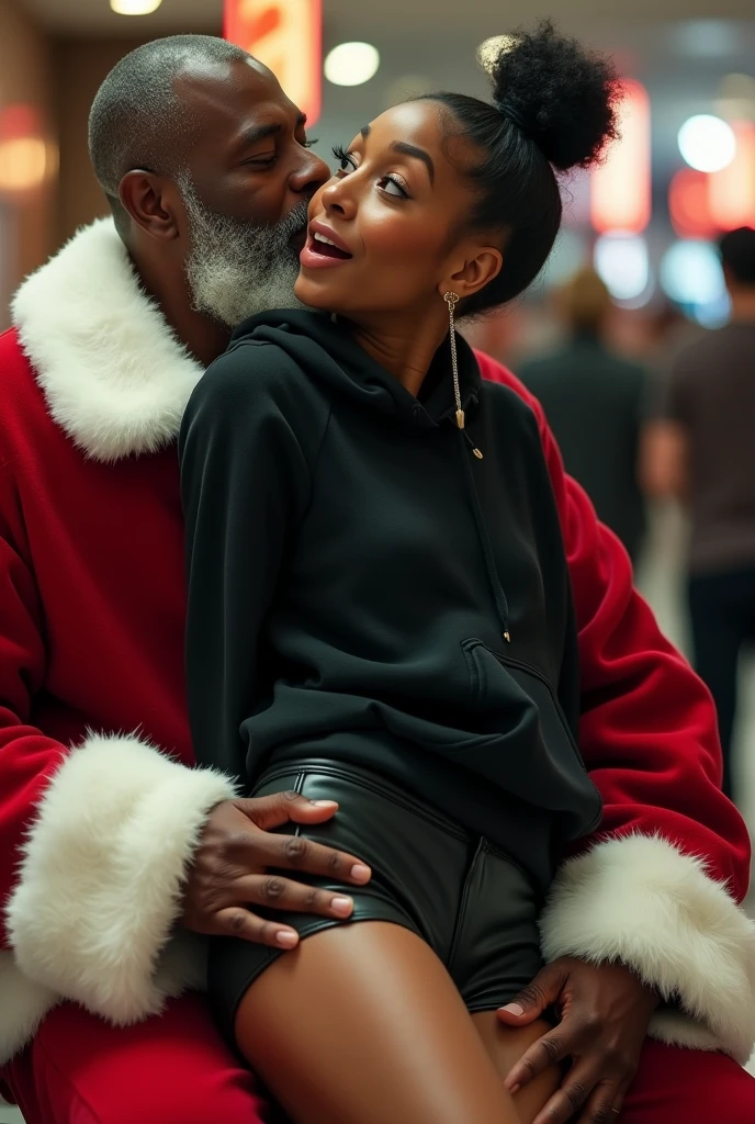 black woman hair in a bun black hoodie black leather short shorts butt cheeks showing excited and eyes wide open on her face setting in santa claus lap at the mall 8k santa has his hands around her waist and kissing her neck