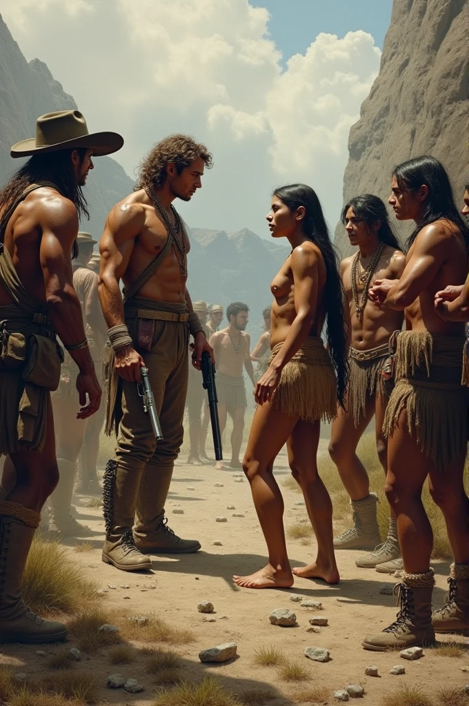A disagreement begins to emerge. A European points a gun at an indigenous person, while others try to calm the situation.
