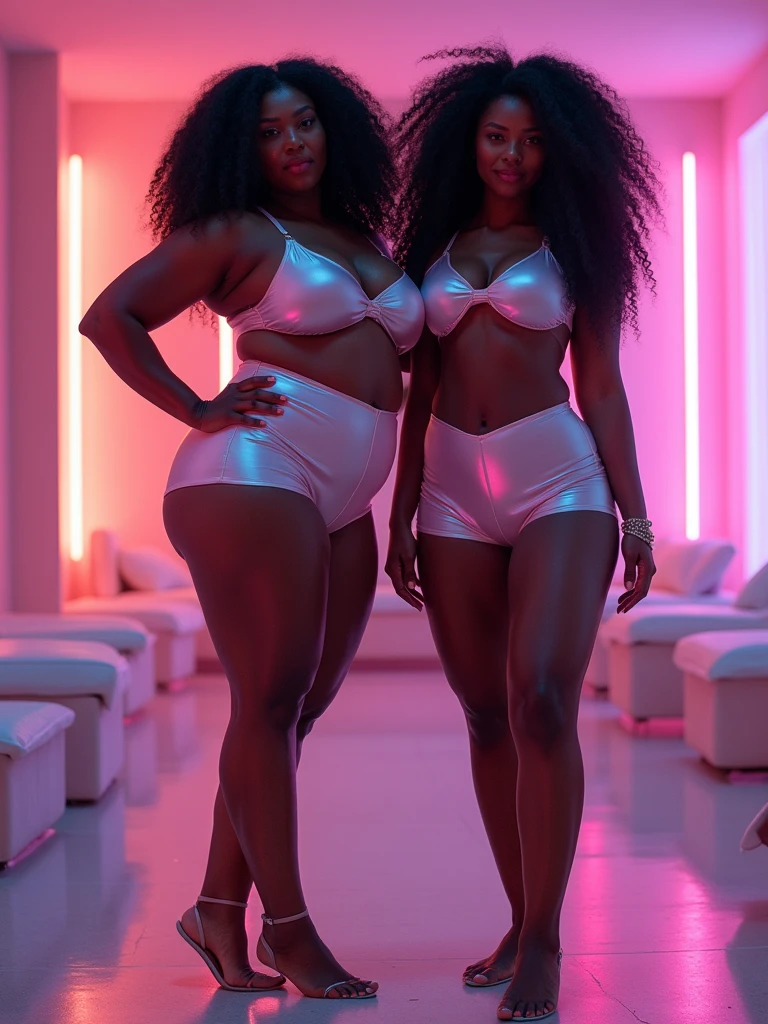 IMMENSELY: MASSIVE BUTTOCKS fitness mature twins duo objective, hip dips, dark skin melanin, 8K UHD, IMMENSELY MASSIVE BULGING ASS PROTRUDING BUTTOCKS paired perfectly with world's 🌎 tiniest waist, DSLR, pastel translucent (cream gradient tan) leggings, widest buttocks under cleft, paired with most wide trapezoidal hips, spa room, Vaporwave, elegance, RAW, muscular abs, eloquence, skinny waist, flat stomach, by DynastySeries, in the space universe, metallic fabric, long plastic puffy sleeves, erotic, short puffy skirt, eroticism, with a neon color behind booty, erotica, transparent (cream gradient tan) metallic long fabric, no nsfw Women