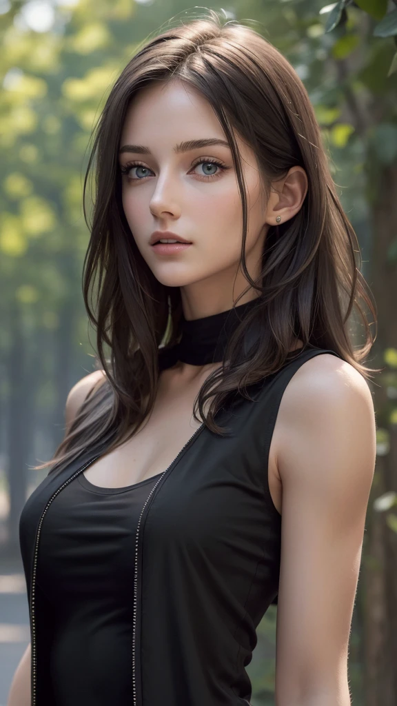 (masterpiece, The best quality, fotorrealist, High Resolutions, Cinematographer, :1.3), Very close shot, Sharp focus, 1 brunette girl, naked, european girl, hot model, Highly detailed eyes and pupils, Piel realist, slim body shape, naked, neckline, extremely detailed hair, Delicate and sexy face, sensual gases, naked, bright lips, ((Wear black sleeveless t-shirts covered with jacket)), outdoor, ((realist, super-realistic, realism, Detalles realists))