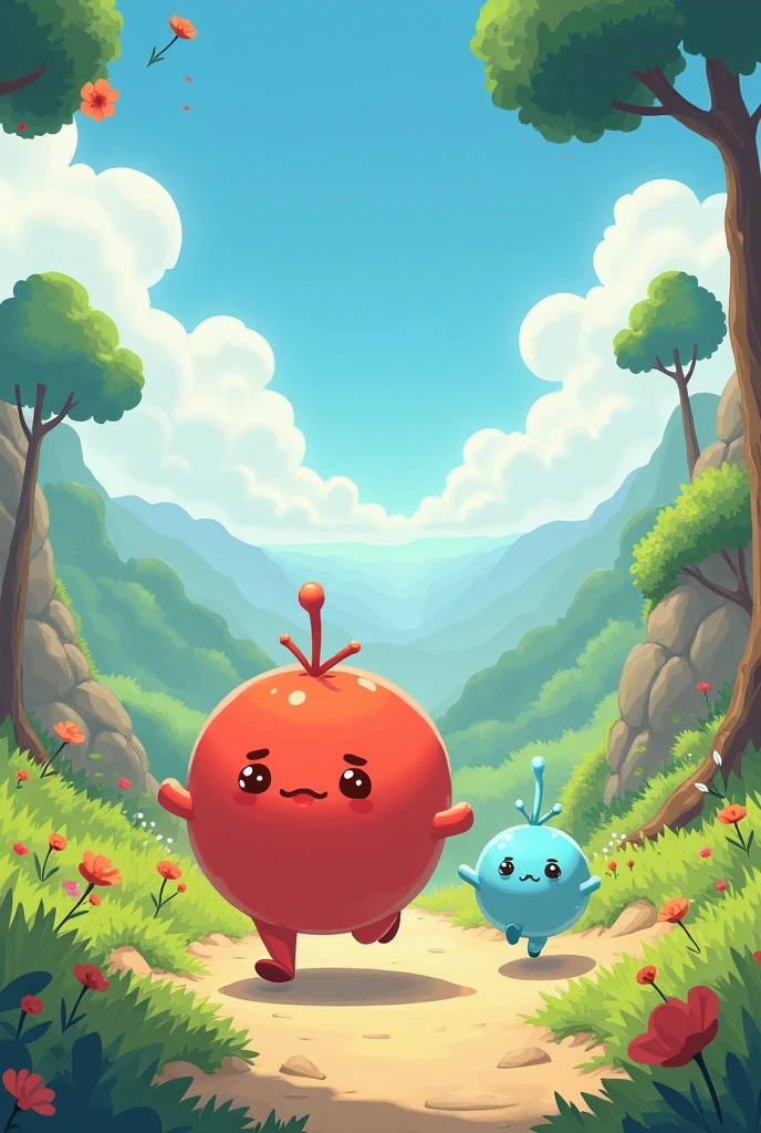 draw and create two cute characters for children, they must be formless non-human beings like studio ghibli . Strength and Movement they are friend adventurers. Strength robust red and Movement light blue, these on a fantastic land of Energyland, it must be cute for kids with running poses