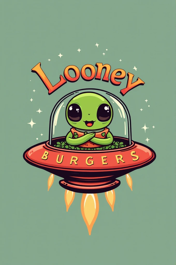 A logo for a hamburgers business called "Looney Burguers". The main element is friendly extraterrestrial being with with. The being is inside an UFO-shaped spaceship that is a hamburger. The text "Looney Burguers" is written on the spaceship. There is not background
