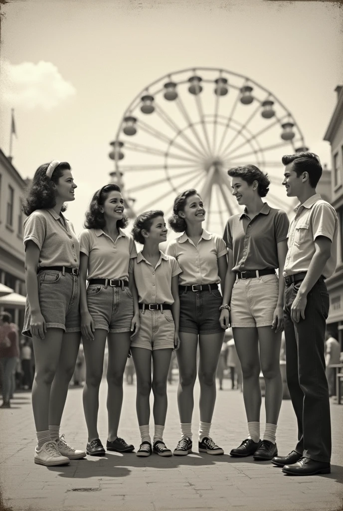 Old black and white image of teenagers going out to an amusement park 3 girls 3 boys and a girl and a boy talking a little away from the group