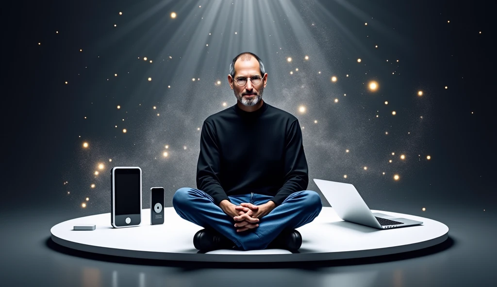 A digitally rendered portrait of Steve Jobs, capturing the essence of his visionary nature. He is seen wearing his iconic black turtleneck and blue jeans., sitting on a minimalist platform. Behind him, a timeline of Apple's evolution unfolds, with multiple devices like iPod, iPhone, and a MacBook. An aura of brightness surrounds him, with stars and spiral patterns symbolizing their creative and revolutionary impact. The image is sharp and clear, celebrating the legacy of Steve Jobs and his lasting contribution to technological advancement.
