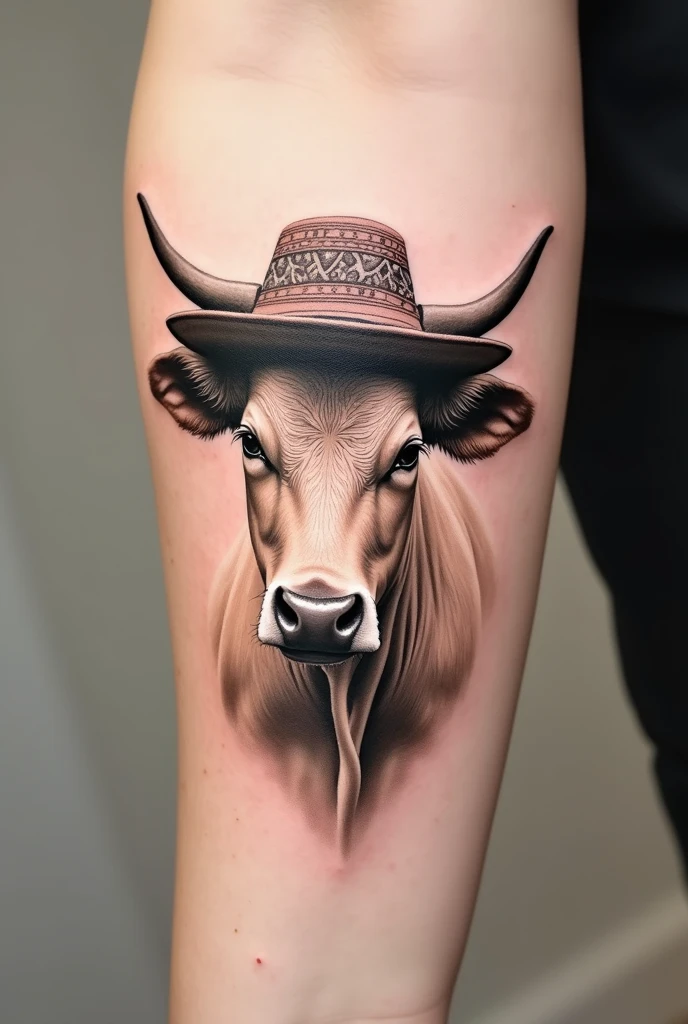 Minimalist realistic cow tattoo with cachucha, female