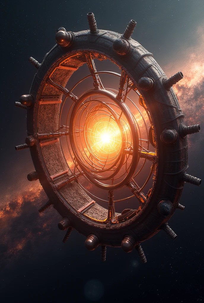 Dyson Sphere, with orbs and oval material rotating around a star, seen from a distance