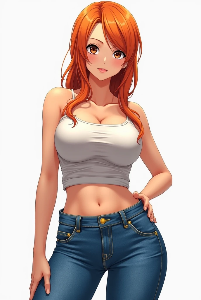 Generate a realistic anime-style image of Nami from One Piece. Blue Jeans, Pants, Big boobs, Big Booty, , realist, 3D, Orange Hair, nami One piece, nami of One piece, anime style, 4k, sexy face,