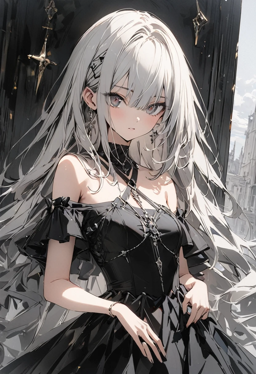 One person, slim,small breasts,bangs,silver long hair,Slope_eye, Diamond-shaped pupils, Royal type off-shoulder dress, Conceptual Art, masterpiece, Super Detail, Attention to detail, high quality, 最high quality, High resolution