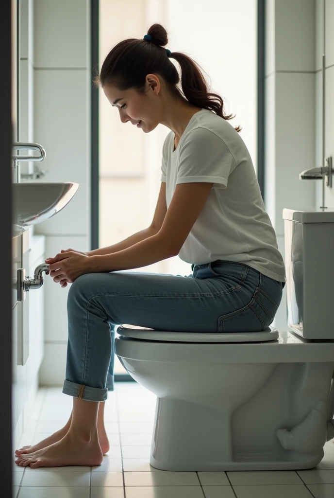 A person pooping in the toilet using a bidet