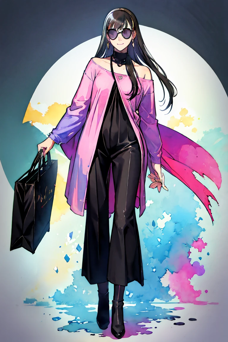 full body, a cat woman with freckles, dark brown eyes, and an upturned nose, she is happy and smiling, she has long wavy hair, black hair, she is wearing aviator sunglasses with clear lenses in a soft watercolor style. The girl's clothes must be pink, purple, and blue in celebration of the bisexual, with stains of ink and watercolor mixing and filling the scene. There should be a subtle, nuanced change in colors using the impasto technique with gouache paint. There should be a light rain in the watercolor painting with a little watercolor paper texture and a pastel background.