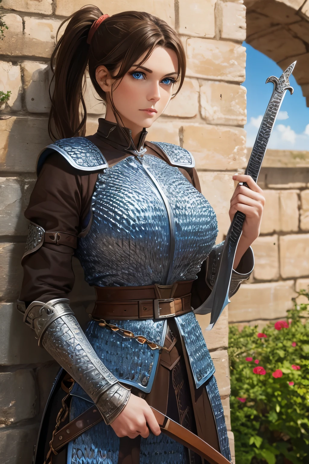 woman, Brown Hair, Ponytail, (Blue Eyes:1.2), Large Chest, ((Chainmail)), Sword in Hand, (on Castle WAll), Defending The Castle