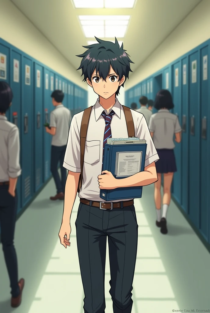General view of the school hallway. Haruki is walking with a folder full of documents related to the festival.. The expression on his face is serious and focused..
