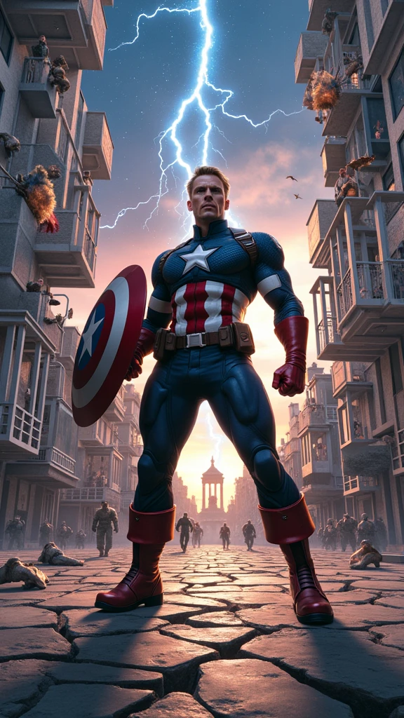Clareza e Especificidade no Prompt: Captain America stands at the center of the image, with his shield raised defensively as the world around him begins to distort and fracture. The scene focuses on the chaos of time collapsing in on itself, with multiple versions of events and characters from different timelines converging.

Detalhes Visuais: Captain America is depicted in his full suit, standing firm with his shield glowing faintly from the energy of the Reality Stone embedded within it. His expression is one of shock and determination as he watches time begin to unravel. Around him, the environment should show fractured pieces of reality—shards of glass-like time fragments that reflect different moments of his life. These fragments should include distorted images of his battles, allies, and key moments, all blending and overlapping in a chaotic yet controlled manner.

Contexto e Composição: The composition centers on Captain America, but the background is filled with swirling, fragmented images and temporal distortions. The perspective should be slightly above, looking down at Captain America, emphasizing the disorienting effect of the paradox forming around him. Various temporal versions of himself might appear, each slightly out of sync, adding to the visual complexity.

Atenção ao Ambiente: The environment around Captain America should be a chaotic mix of timelines colliding. The ground beneath him cracks and splinters, with fragments of past and future scenes merging together. The sky is split into different colors and times of day—daylight on one side, night on the other, with a twilight zone in between where stars and the sun coexist. Lightning and temporal energy arcs through the sky, connecting the fragments of time like electrical currents.

Referências Emocionais: The atmosphere is tense and chaotic, filled with a sense of impending disaster. Captain America's posture is defensive, as if he’s bracing against a force beyond his control. His eyes reflect 