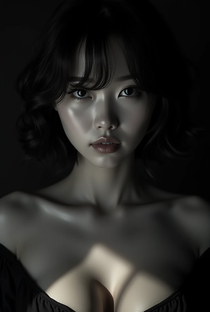 Create a photorealistic masterpiece of a 2 Japanese girl with finely detailed skin texture, showcasing subtle blush and goosebumps on her cheeks. Capture her serious expression, medium-sized breasts, and short hair styled with curls and bangs framing her face. Hair falls between her eyes, adding to the intimate close-up portrait shot. Set against a dark background, highlight her features with dramatic monochrome lighting, creating intricate shadows that define her silhouette. Use a spotlight to cast a striking glow on her face, emphasizing the theme of mystery and intrigue.