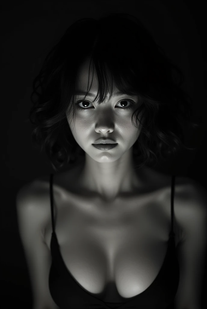 Create a photorealistic masterpiece of a 2 Japanese girl with finely detailed skin texture, showcasing subtle blush and goosebumps on her cheeks. Capture her serious expression, medium-sized breasts, and short hair styled with curls and bangs framing her face. Hair falls between her eyes, adding to the intimate close-up portrait shot. Set against a dark background, highlight her features with dramatic monochrome lighting, creating intricate shadows that define her silhouette. Use a spotlight to cast a striking glow on her face, emphasizing the theme of mystery and intrigue.