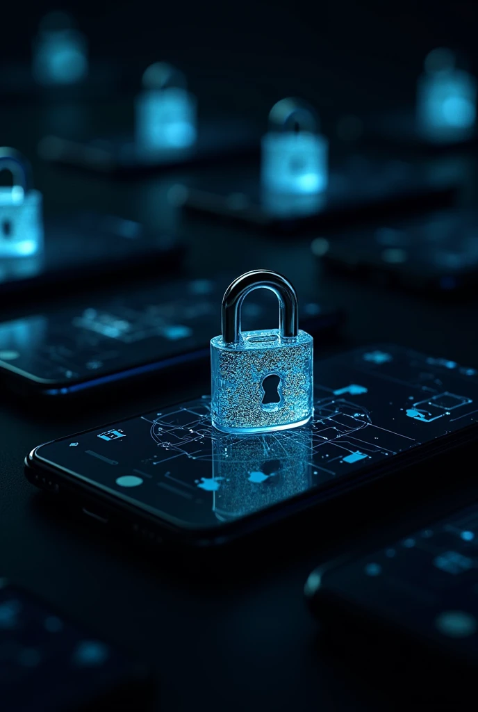 Several cell phones with glass padlocks with blue lines on a futuristic black background
