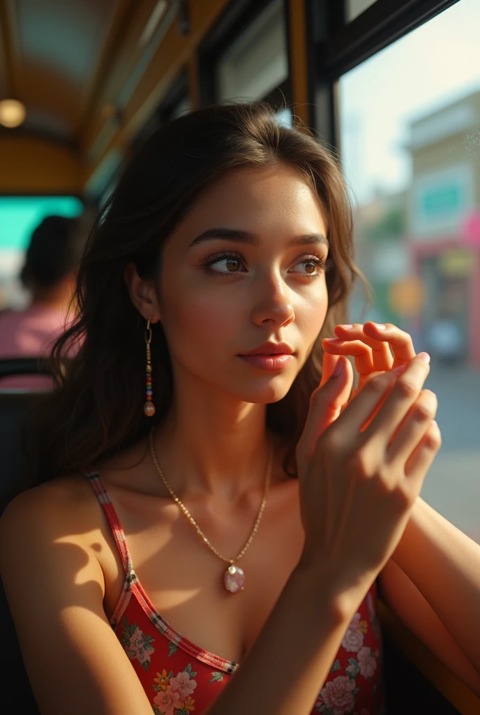 A girl with non-white skin putting on makeup inside a bus in Mexico and making it look organic and natural, something that shows an expression on her face