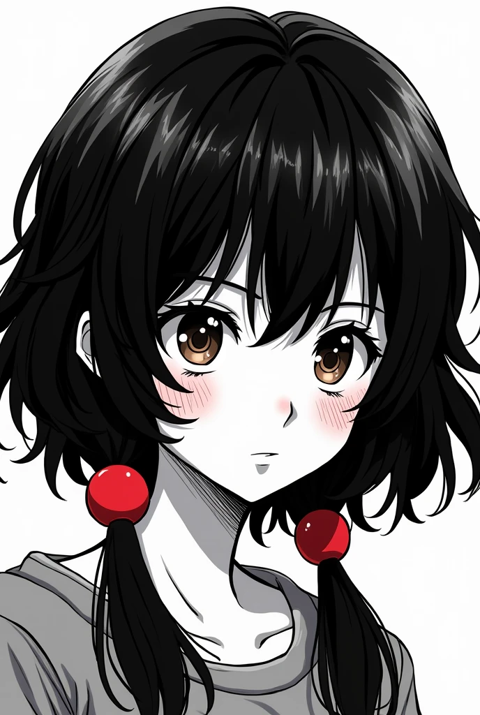 Manga style girl with black fluffy wavy hair, dark brown eyes, with its two front locks with the final tips painted red, The locks reach the end of her face in a black and white manga style