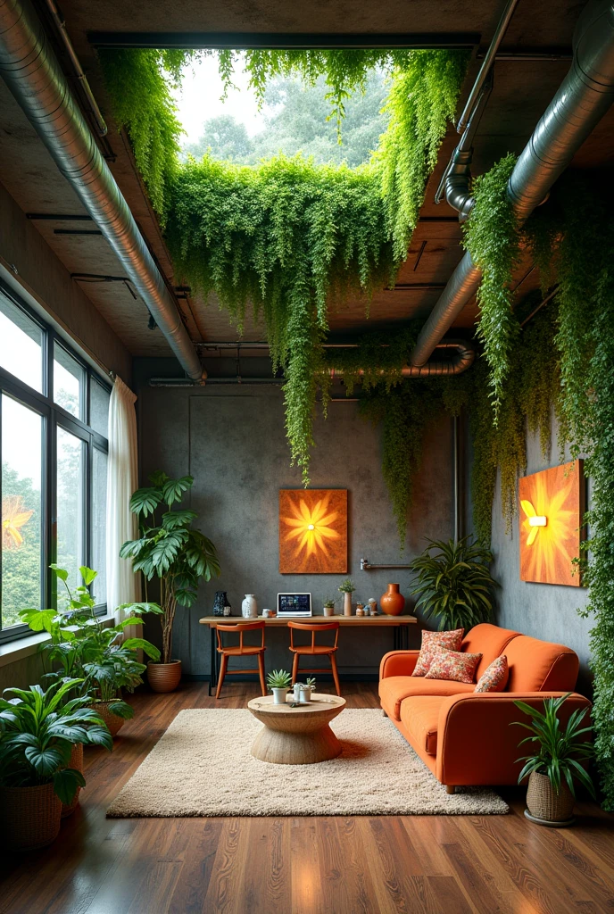 a cozy and aesthetic loft house but the interior is biopunk with lots of vines and lush