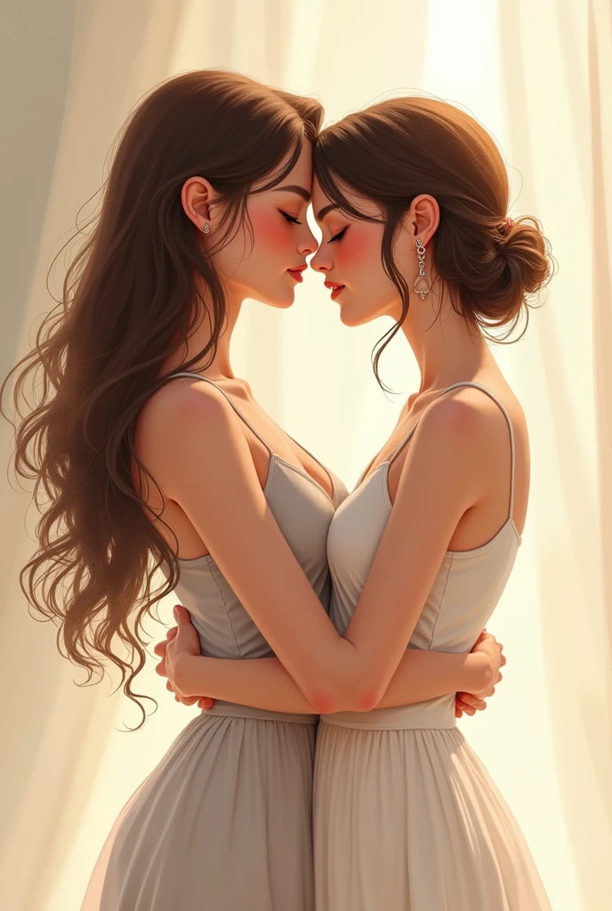 NOW CREATE A DRAWING OF 2 girls, one of them is tall with brown hair and it reaches her back and she has wavy hair and white skin and the other is a little shorter than the other, reaching her chin, she has skin that is a little less white, with short hair down to her ears and,    that the two are hand in hand and very much in love , Remember that both are women
