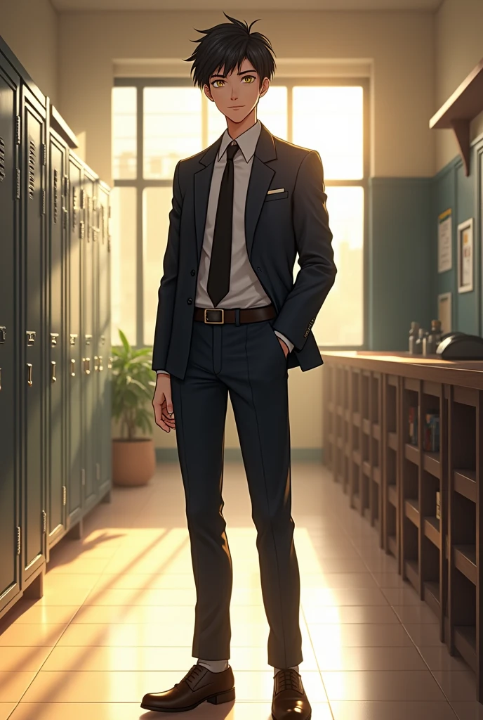 Nick nelson from the heartstoppers series with yellow eyes dressed in a fancy school uniform inside a Hyperrealistic high school
