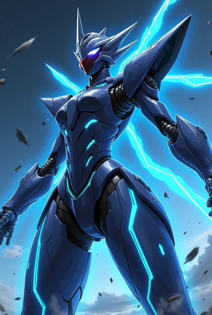 Dark Navy, Fluorescent Cyan, anime, Giant Robot, Uplifting,Junmin, A full-body image of a simple female super robot, Fighting, Simple Background,universe,