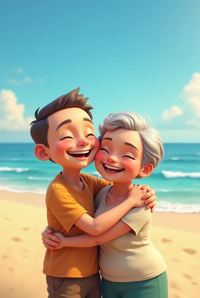 Short young man with no hair in the middle of his head smiling hugging a fat old woman with very short hair on a beach on a sunny day