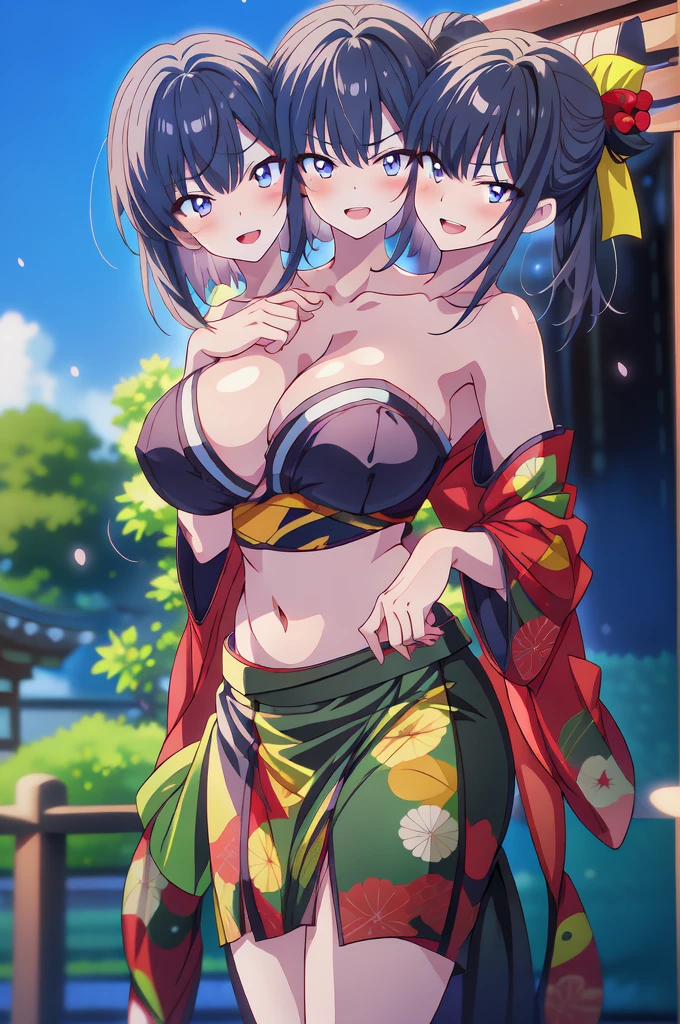  long hair, black hair, (3heads:1.5), open belly, very huge breasts, (very, beautiful eyes:1.5), (very detailed eyes:1.5), three headed girl, girl with three heads, dark blue eyes, red lipstick, standing with hand on her hip, evil smile, angry eyes, blush, lipstick, masterpiece, best quality, highly detailed, a anime girls in kimono dress with a sword posing for a picture, bare shoulder,open kimono, evil smile, open mouth, crop top , (nsfw) not safe for work, smile, ecchi anime style, anime girls, ecchi style, ecchi, digital anime art!!, in anime style, official artwork, visual novel cg, beautiful anime girl, anime style 4 k, kimono pencil skirt, exposed belly, exposed navel, exposed midriff, exposed lower belly, outdoor, japanese architecture, temple, 