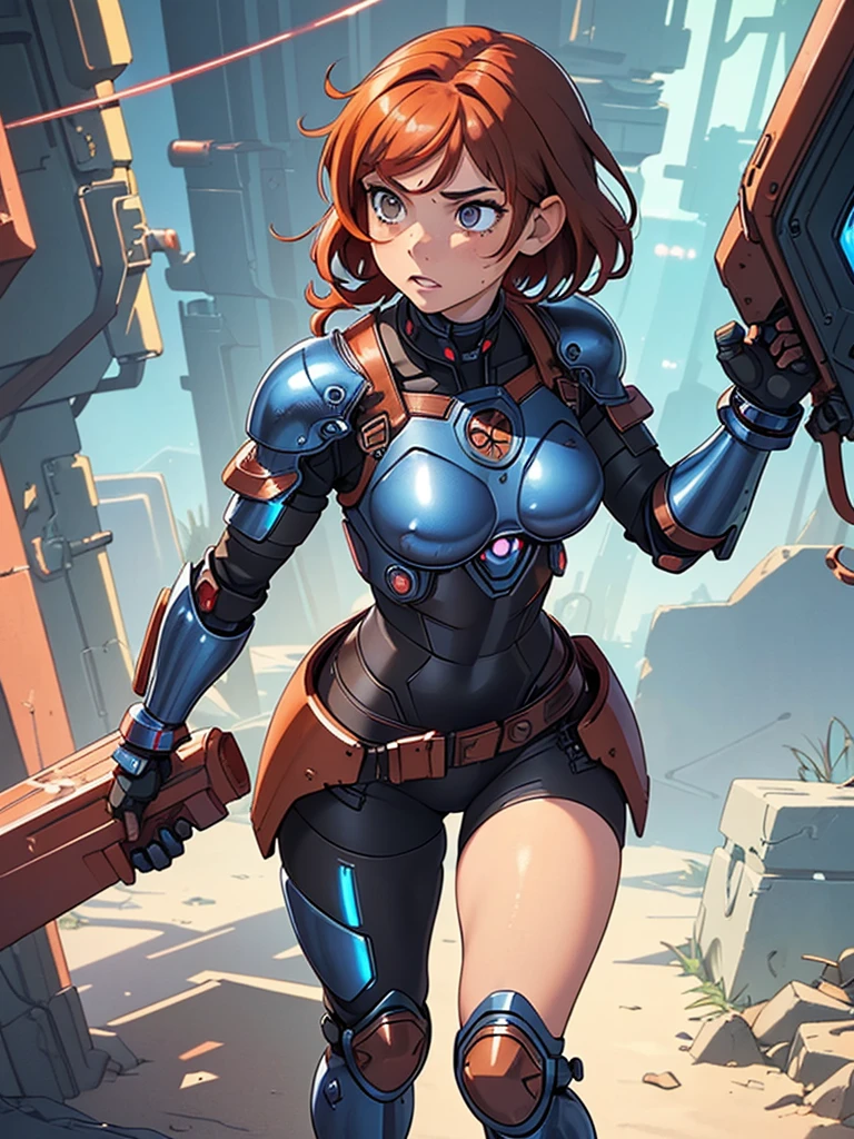 (masterpiece), (best quality), ((one girl)),(( red copper hair)),(brown eyes),short hair, curly hair, anime style, freckles, (small breast), (petite figure), legs,((blue cyberpunk armor)), (blue armor)),(full body armor),(almond eyes) ,( tan skin)
