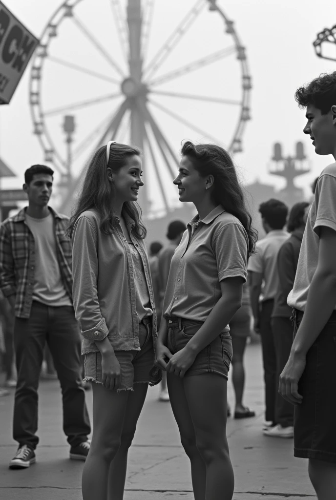 Old black and white image of agers going out to an amusement park, a girl and a boy talking a little away from the group