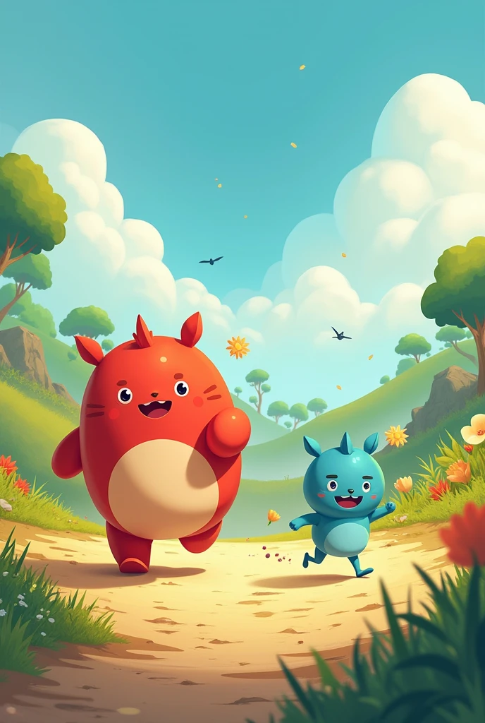 draw and create two cute characters for children, they must be formless non-human beings like studio ghibli . Strength and Movement they are friend adventurers. Strength robust red and Movement light blue, these on a fantastic land of Energyland, it must be cute for kids with running poses