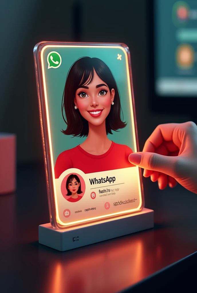 Create a glass id card of a WhatsApp profile on a black desk showing the large WhatsApp logo, create a 3D illustration of a young Latina with short hair, must wear a red blouse. The photo of the girl in a circle is the name of the WhatsApp social network user "Fast is easy"  written in black below the profile picture and 99 written messages, WhatsApp card glows red and yellow on the edge. In one corner is the one held with two fingers.