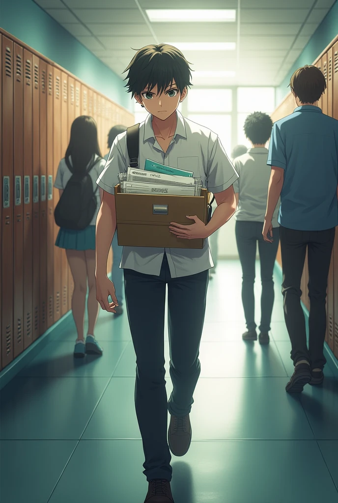 General view of the school hallway. Haruki is walking with a folder full of documents related to the festival.. The expression on his face is serious and focused..
