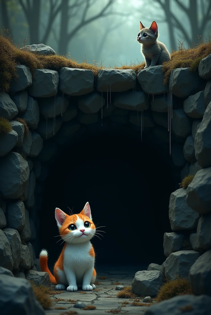 The scene takes place at the bottom of a deep, abandoned well surrounded by darkness. The stone walls of the well are rugged and cold, partially covered in moss and giving a sense of age and neglect. The well’s interior is pitch black, with only a faint hint of light filtering in from the top, creating a stark contrast between the darkness below and the light above.
Happy Kitten:
Appearance: The happy kitten, with its snow-white fur and patches of orange, is now huddled at the bottom of the well. Its rounded, chubby figure and expressive eyes are visibly strained, reflecting its shock and distress. The kitten's bright fur stands out sharply against the deep black of the well’s interior.
Emotion: The kitten's eyes are wide with fear and sadness. It is crying heavily, and its sobs echo off the stone walls, but the sound quickly dissipates into the darkness. The emotional depth of the kitten’s despair is highlighted by its vulnerable posture and tearful expression.
Forlorn Kitten:
Appearance: At the edge of the well, the forlorn kitten is depicted with a slender, angular figure and muted fur tones. Its face is cold and detached as it looks down into the well. The forlorn kitten’s design contrasts with the bright, rounded figure of the happy kitten.
Emotion: The forlorn kitten’s expression shows a fleeting moment of satisfaction mixed with an overwhelming sense of emptiness. The realization that the plan did not bring the anticipated happiness but instead deepened its own sadness is evident in its posture and downcast gaze.
Setting and Mood:
Environment: The well is enveloped in total darkness, emphasizing the isolation of the happy kitten. The stone walls are jagged and weathered, adding to the grim and oppressive atmosphere. The forest outside is a mere shadow in the background, contributing to the sense of seclusion and abandonment.
Lighting: The faint light coming from above contrasts sharply with the darkness inside the well, highlighting the emotional disparit