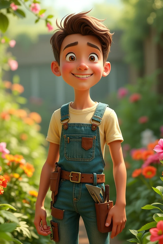 Young man 20 years old brown hair in Pixar gardener outfit