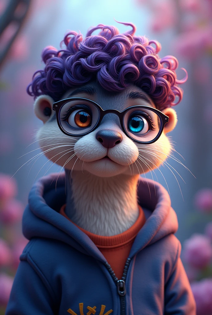Male otter, curly black and purple hair, wearing glasses and a sweatshirt, heterochromia