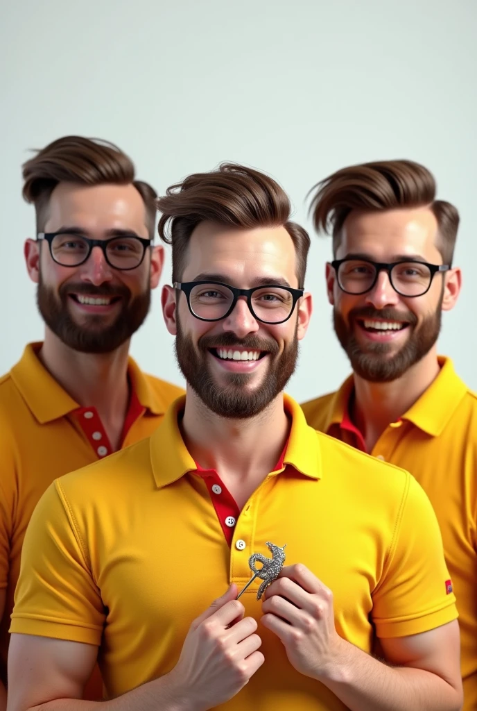 3d image portrait with white background 3 man white color brown hair brown beard glasses large text crimped yellow polo shirt with red collar well shaped smiling making jewelry with his finger