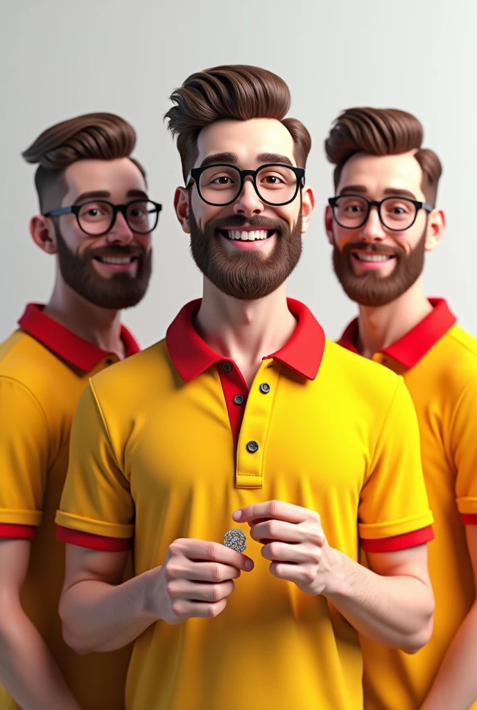 3d image portrait with white background 3 man white color brown hair brown beard glasses large text crimped yellow polo shirt with red collar well shaped smiling making jewelry with his finger