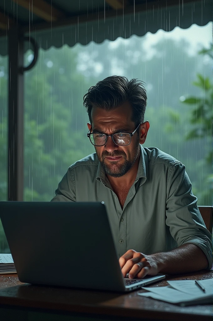 Angry teacher working on his computer in the rain outdoors