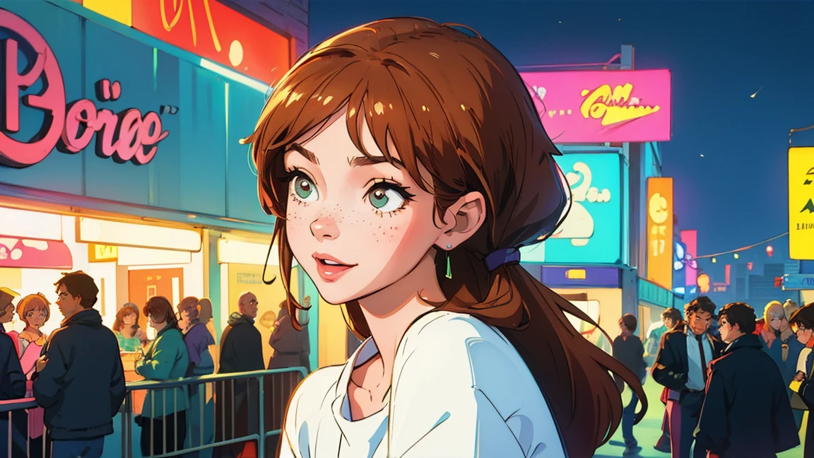 highest quality, masterpiece), 1 Girl, 1980s \(style\)Beautiful expression,lmao,Looking at the audience with a smile,\(style\)Upper Body,pin up , \(style\)Cute Freckles,Brown Hair Color,\(style\), citypop, lofi,\(style\),1980s fashion,,casual,1980s fashion, citypop,retro,\(style\)neon,Amusement park at night,Illuminated lights,