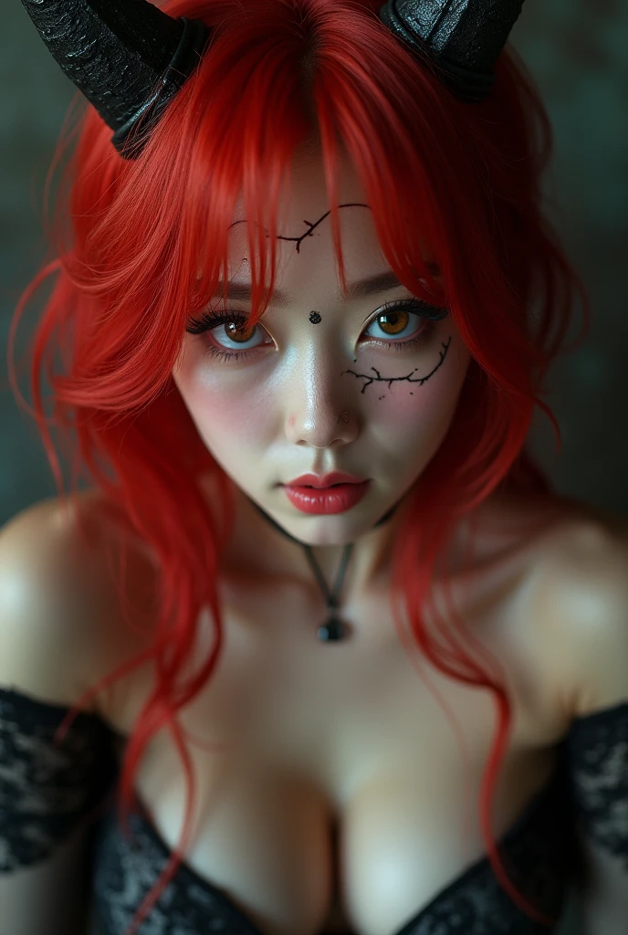 highy detailed, seductive erotic korean female with horns and scratched face, (busty, Red hair), face centered, focused face, intricate eyes,