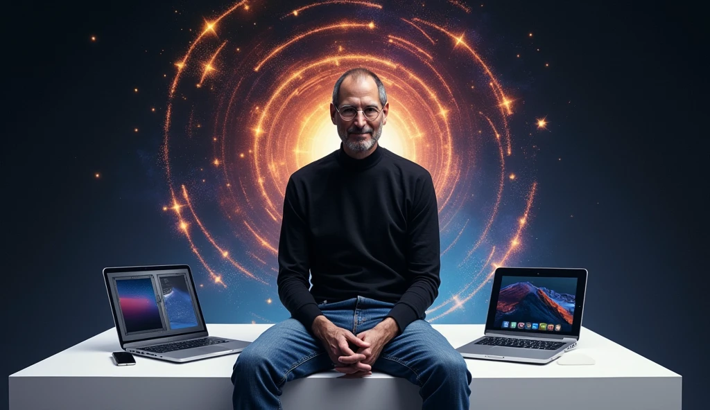 A digitally rendered portrait of Steve Jobs, capturing the essence of his visionary nature. He is seen wearing his iconic black turtleneck and blue jeans., sitting on a minimalist platform. Behind him, a timeline of Apple's evolution unfolds, with multiple devices like iPod, iPhone, and a MacBook. An aura of brightness surrounds him, with stars and spiral patterns symbolizing their creative and revolutionary impact. The image is sharp and clear, celebrating the legacy of Steve Jobs and his lasting contribution to technological advancement.