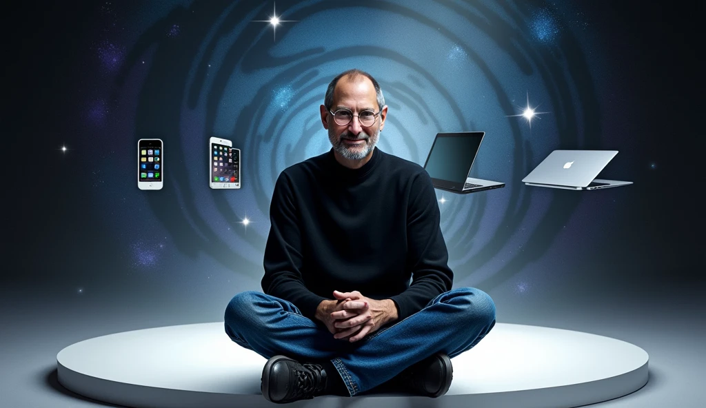 A digitally rendered portrait of Steve Jobs, capturing the essence of his visionary nature. He is seen wearing his iconic black turtleneck and blue jeans., sitting on a minimalist platform. Behind him, a timeline of Apple's evolution unfolds, with multiple devices like iPod, iPhone, and a MacBook. An aura of brightness surrounds him, with stars and spiral patterns symbolizing their creative and revolutionary impact. The image is sharp and clear, celebrating the legacy of Steve Jobs and his lasting contribution to technological advancement.