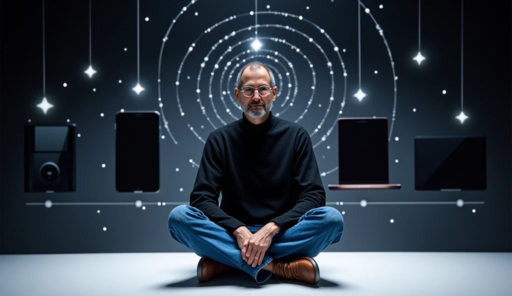 A digitally rendered portrait of Steve Jobs, capturing the essence of his visionary nature. He is seen wearing his iconic black turtleneck and blue jeans., sitting on a minimalist platform. Behind him, a timeline of Apple's evolution unfolds, with multiple devices like iPod, iPhone, and a MacBook. An aura of brightness surrounds him, with stars and spiral patterns symbolizing their creative and revolutionary impact. The image is sharp and clear, celebrating the legacy of Steve Jobs and his lasting contribution to technological advancement.