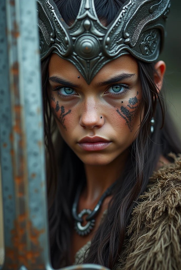 Close up viking warrior with sword in hand, young woman, blue eye, makeup on face, sword next to the face, large head ornament , necklace on the neck, painted face
