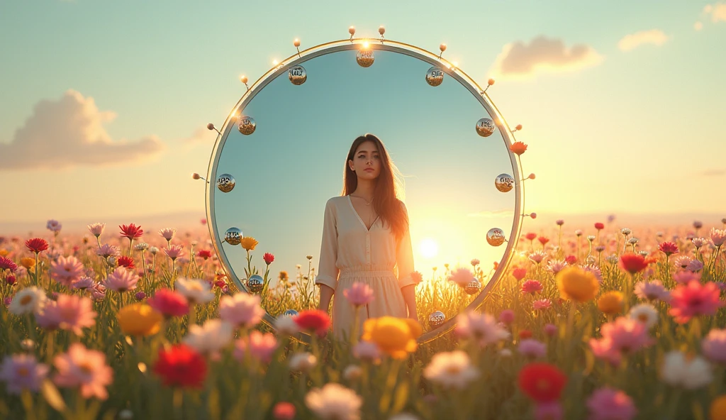 Imagine a field of flowers illuminated by a soft light, where each flower represents a different emotion. No centro do campo, a large mirror reflects the image of a person with a serene and balanced expression. The mirror is adorned with icons of communication and understanding, symbolizing emotional intelligence. The sky in the background is a smooth gradient of colors, reflecting emotional harmony and inner peace. without any person