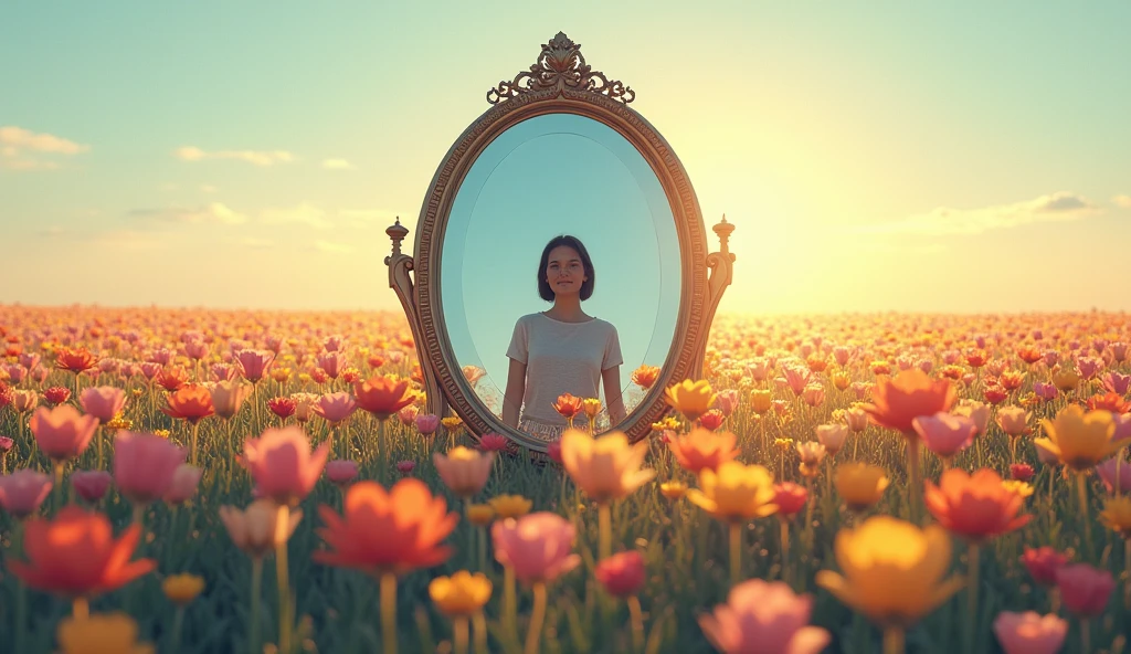 Imagine a field of flowers illuminated by a soft light, where each flower represents a different emotion. No centro do campo, a large mirror reflects the image of a person with a serene and balanced expression. The mirror is adorned with icons of communication and understanding, symbolizing emotional intelligence. The sky in the background is a smooth gradient of colors, reflecting emotional harmony and inner peace. without any person
