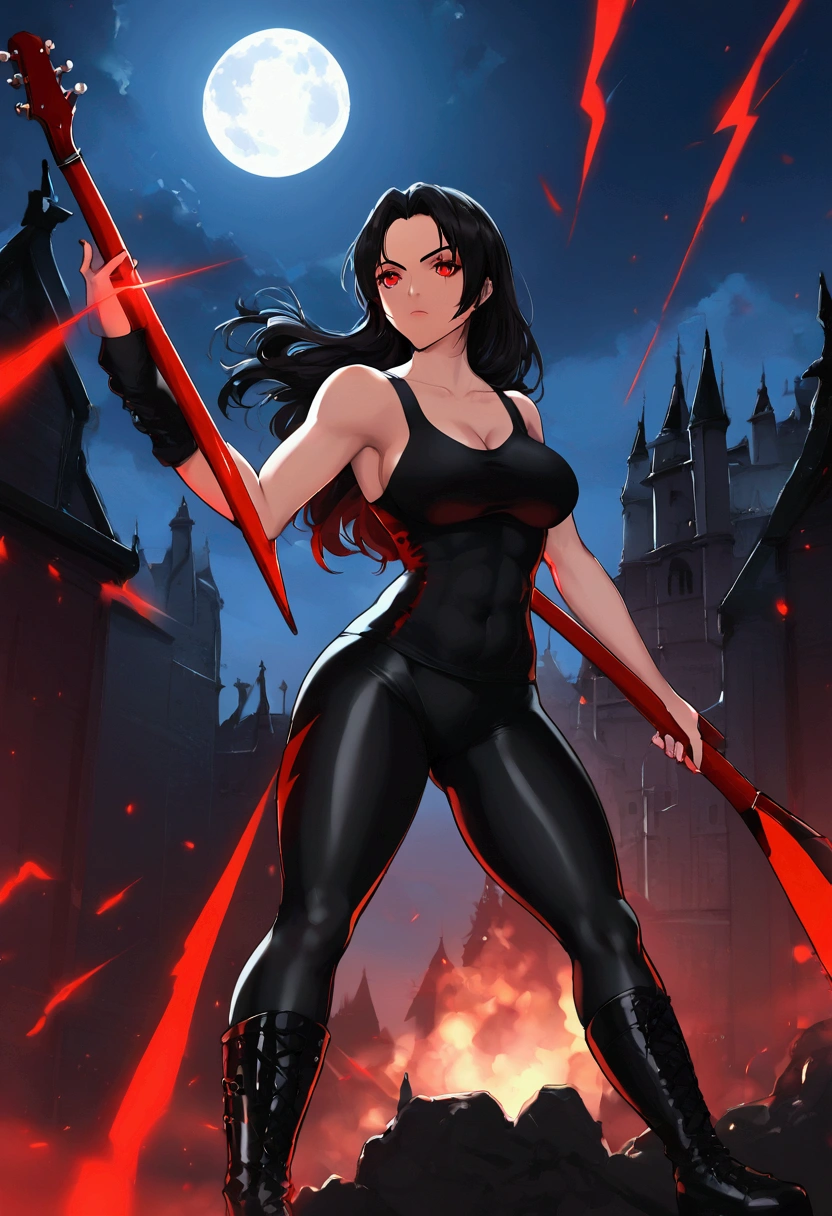 A vampire with shiny black hair, red eyes that emit a red light, wearing a black tank top, tight black leggings and black military boots, holding a legendary red and white guitar, in an open field at night with a red full moon with an ancient gothic castle in the background, there are red lightning bolts in the background